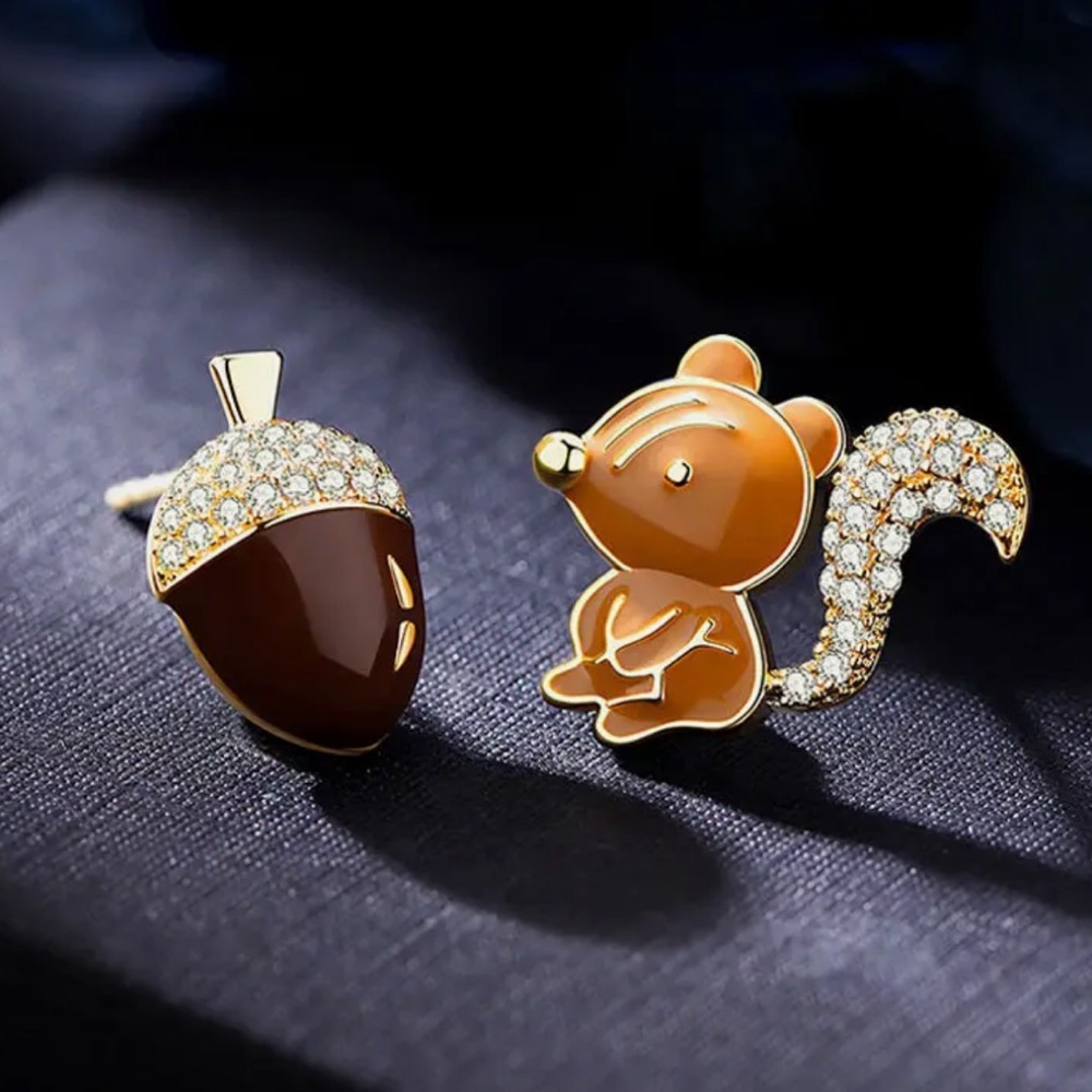 Brown and Gold Squirrel and Acorn Earrings